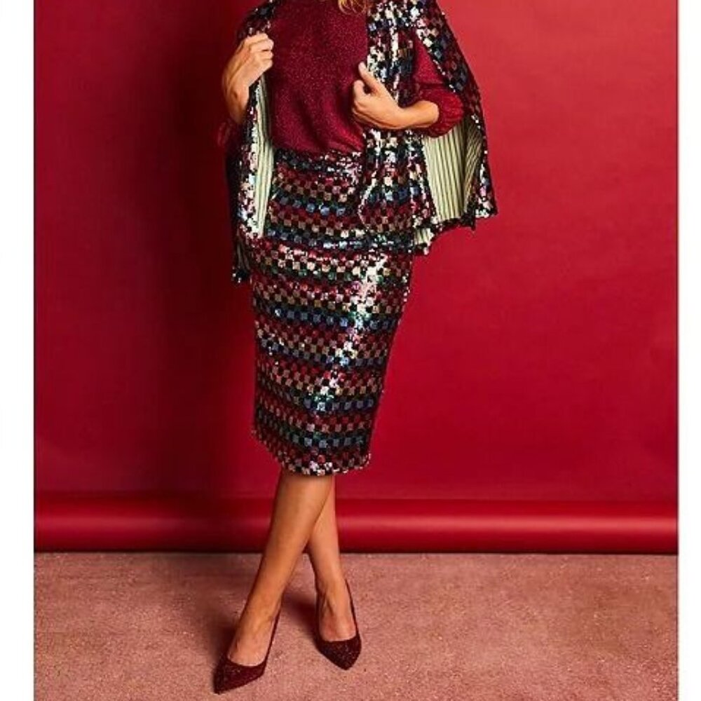 NEW Buru Checkered Sequin Pencil Midi Skirt S Black Party